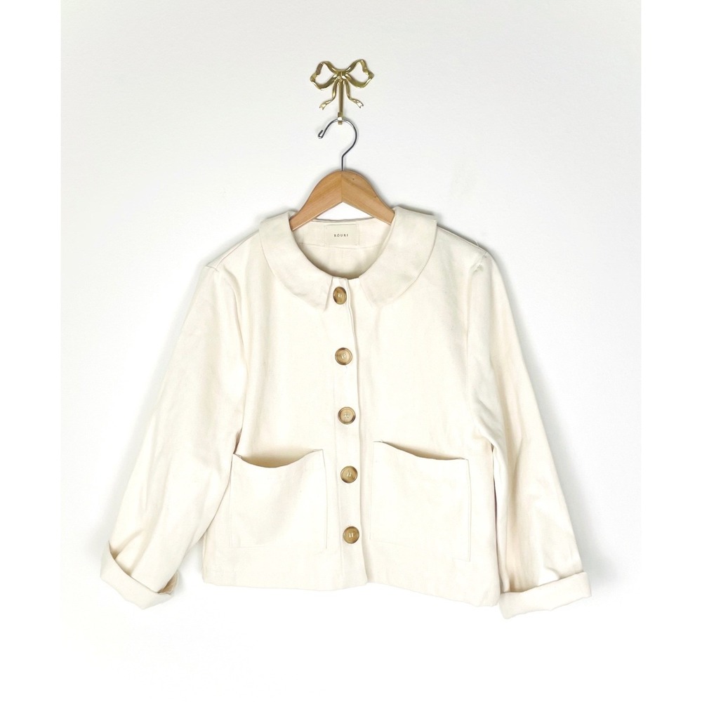 Rouri Cream Canvas Peter Pan Collar Chore Jacket Button Down Cream Coat